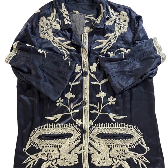 Johnny Was Navy Embroidered Kimono Jacket Size L Boho Chic Art to Wear - Picture 5 of 7